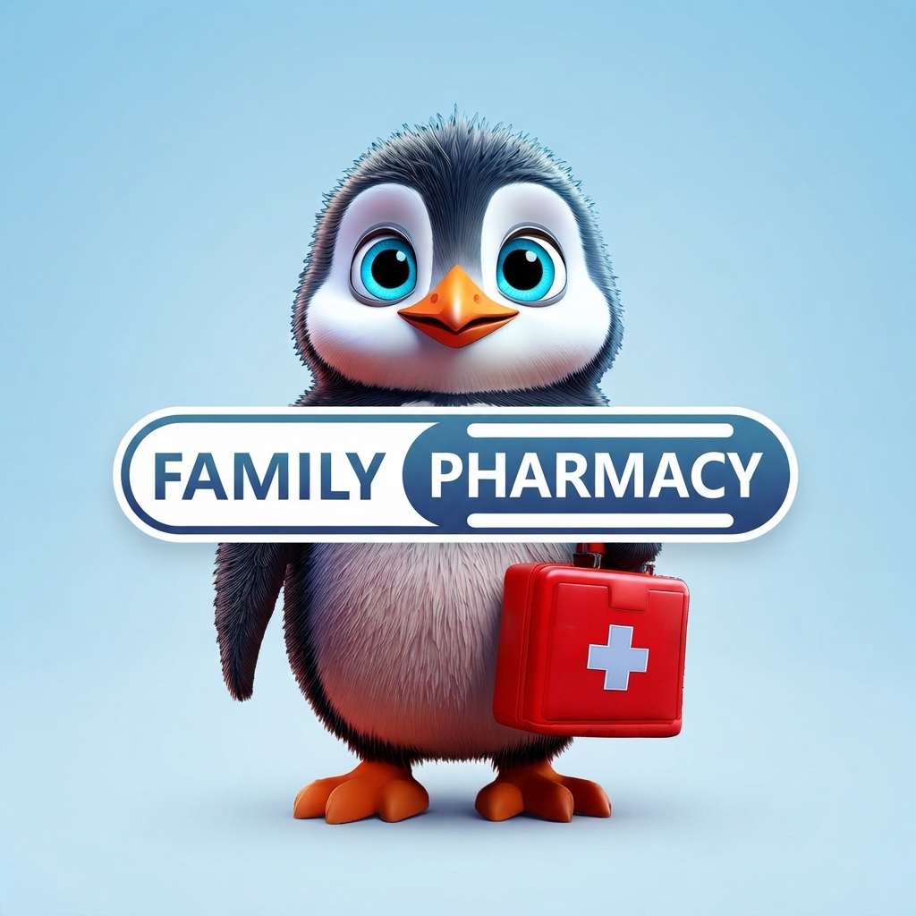 Pinguin-Maskottchen von Family Pharmacy mit Erste-Hilfe-Koffer